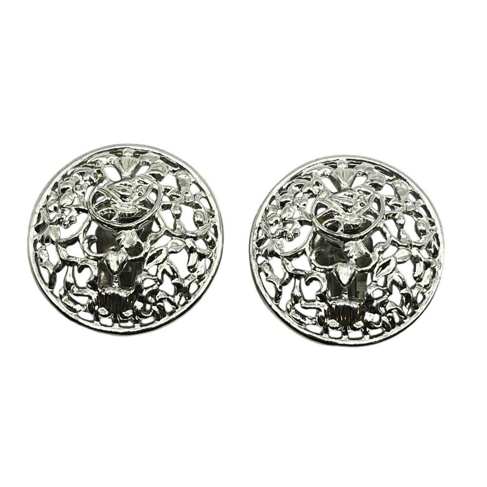 Sarah Coventry‎ Silver Filigree Clip On Earrings Round Signed Vintage Costume